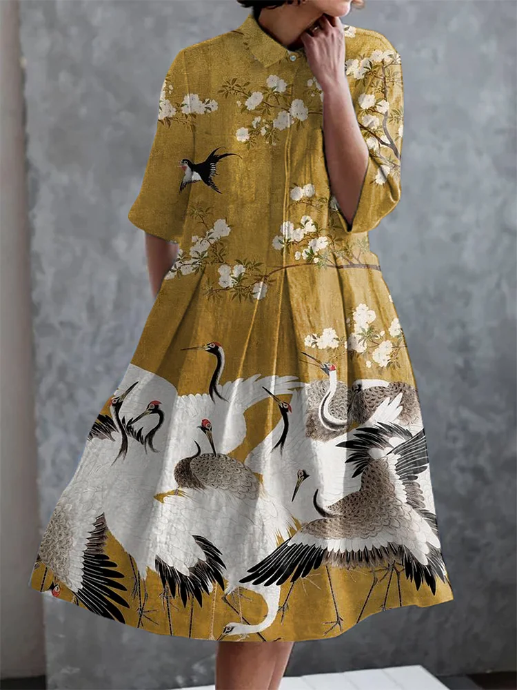 Vintage Japanese Crane Print Casual Elegant Pocket Half Sleeve Dress