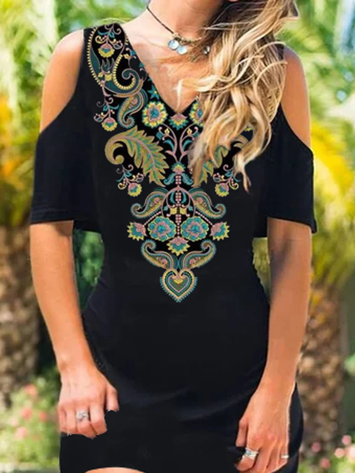 Shift Holiday V Neck Tribal Dresses-vocosishoes