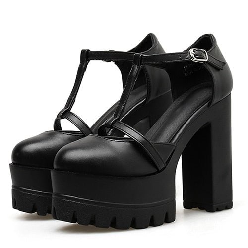 Gdgydh T-Strap Buckle Women Pumps Black Thick High Heeled Shoes Female Single Shoes Shallow Out Soft Leather Street Style Party