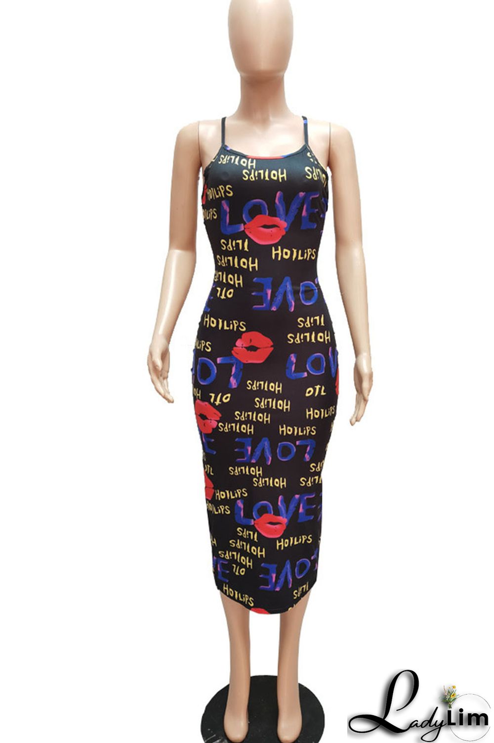 Black Red Sexy Print Split Joint Spaghetti Strap Sling Dress Dresses