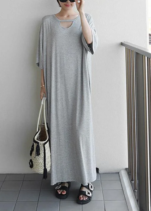 DIY o neck baggy cotton quilting clothes Outfits gray long Dresses