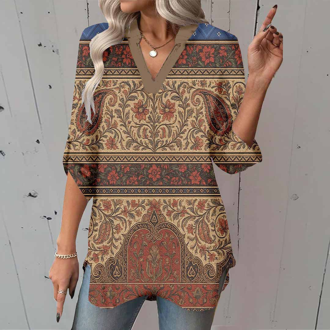 Women Bohemian, Orange, Blue DZGA0203 3/4 Sleeve V-neck Printed Graphic Button Tops