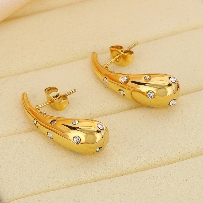 1 Pair Minimalist Water Droplets Solid Color Inlay 304 Stainless Steel Rhinestones 18K Gold Plated Ear Studs