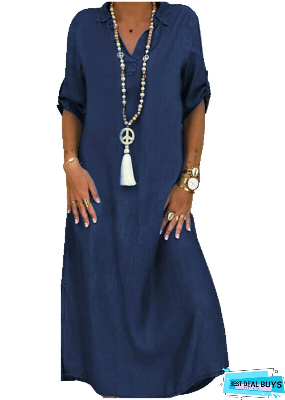 Solid Color Plus Size Dress With V-neck Denim Dress