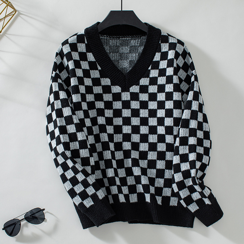 Mature Women V-neck Sweater Loose Pullover Chessboard Plaid Color Matching Sweater