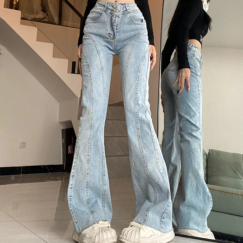 Aiertu Vintage Flared Stretch Jeans Women High Waist Skinny Boot Cut Gray Denim Pants Y2K Punk Streetwear Wide Leg Trousers Aiertu