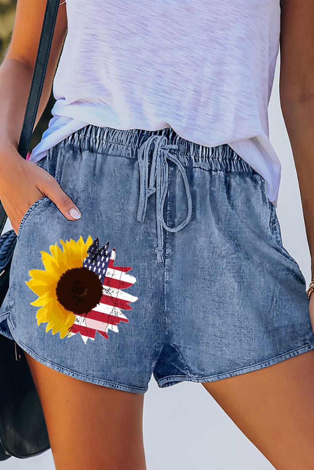 American Flag Sunflower Print Drawstring Jean Shorts