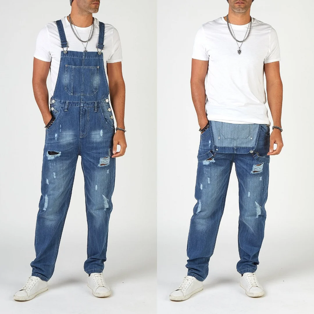 Men's Denim Jumpsuit Street Style Ripped High Waisted Men's Jeans