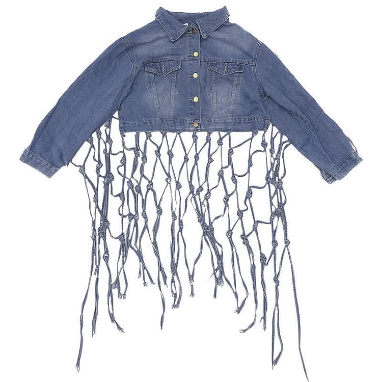 Handmade Woven Hollow Out Fringed Denim Jacket - Modakawa modakawa