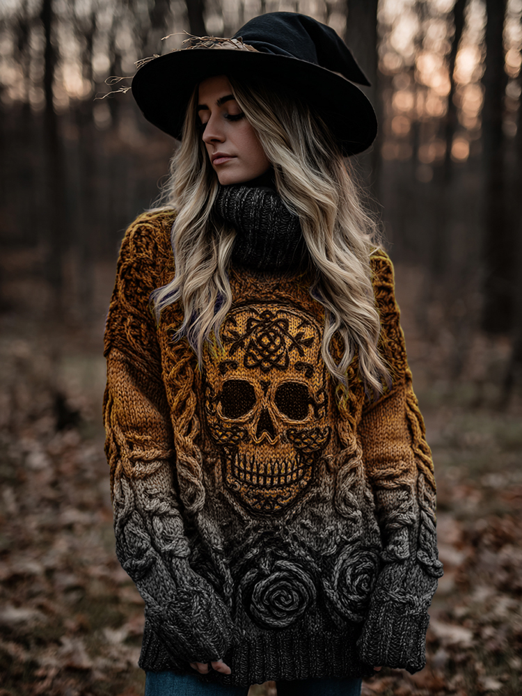Women's Viking Tribal Jacquard Celtic With Rose And Skull Inspired Chunky Knit Hooded Sweater