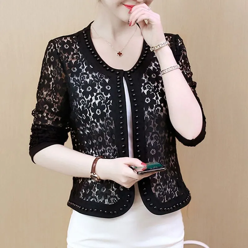 Uveng Hollow Out Lace Blouse Women Long Sleeve White Black Shirt Beading Lace Jacket Elegant 4XL Women Clothing Blusas 16821