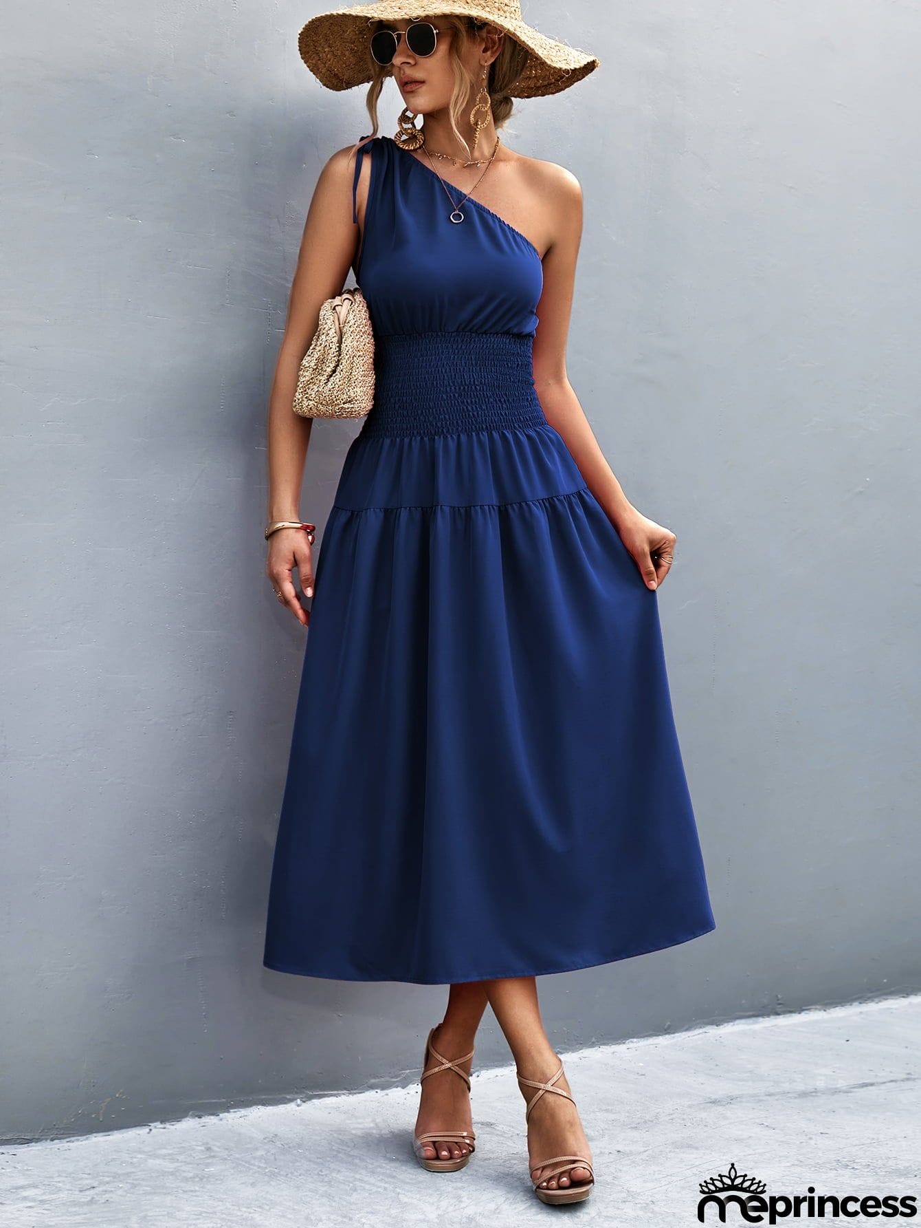 Asymmetrical One Shoulder Smocked Waist Midi Dress