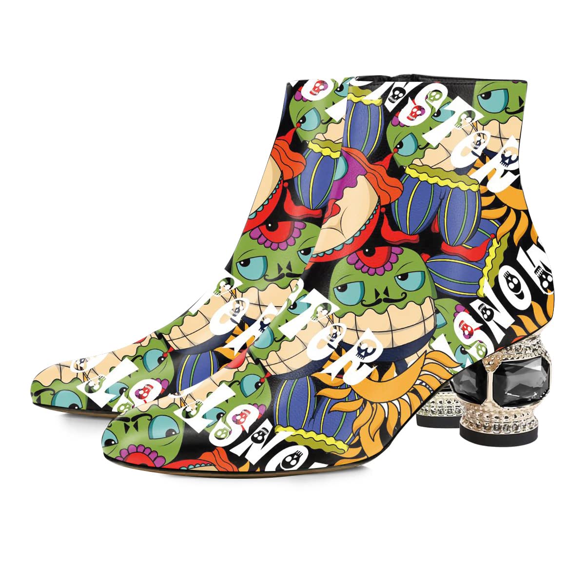 Colorful Clown Pointed Toe Decorative Heel Side-Zip Lady's Ankle Boots Nicepairs