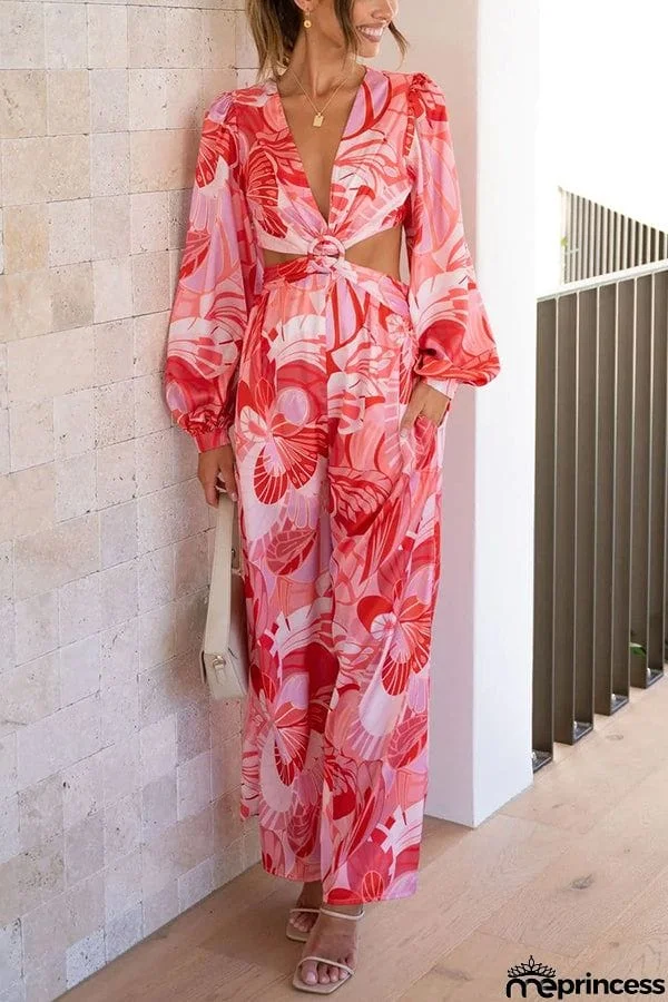 Floral Cutout Waist Pocketed Jumpsuit