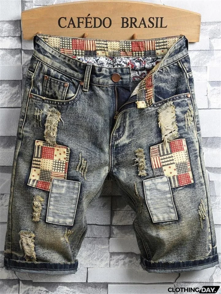 Men's Retro Style Ripped Patchwork Denim Shorts