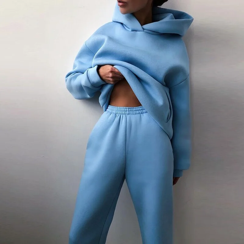 Oversize Hoodie Sweatshirts Women Winter Fleece Tracksuit Sets Solid Long Pant Matching 2 Pieces Sets Ladies Sweatshirt Pantsuit