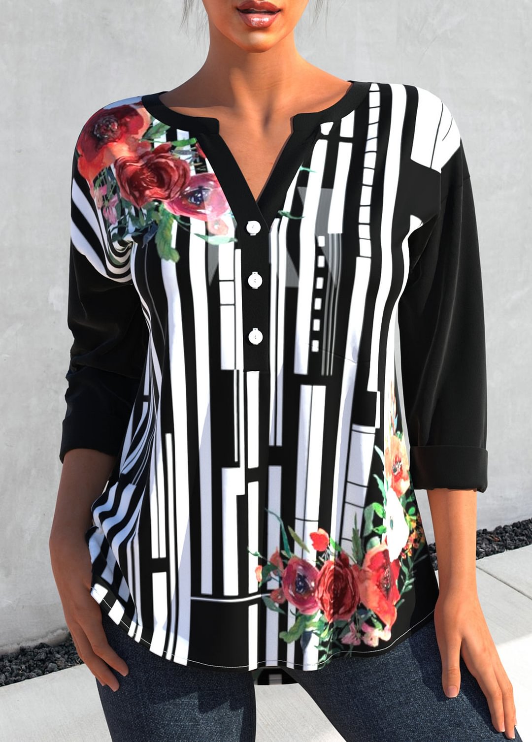 Floral Geometric Print Split Neck Black Blouse