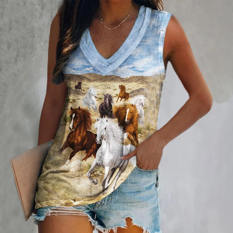 Casual v-neck horse print vest designer