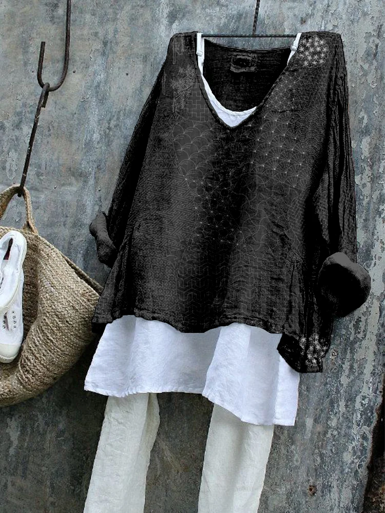 Japanese Traditional Sashiko Art Linen Blend Tunic