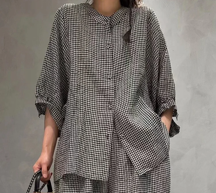 Literary Plaid Top and Wide Leg Pants Set