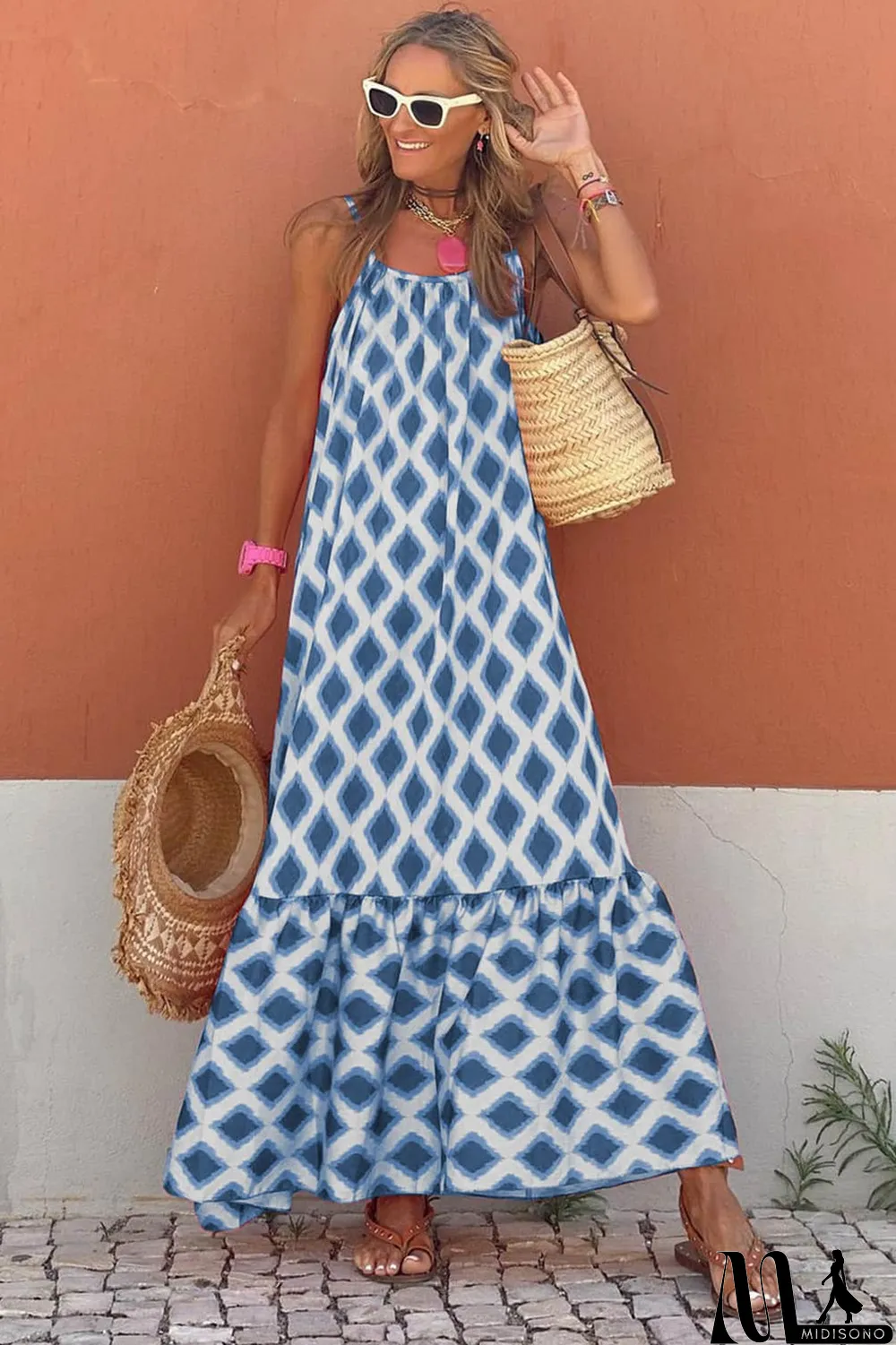 MidiSono - Blue Geometric Print Loose Fit Sleeveless Maxi Dress