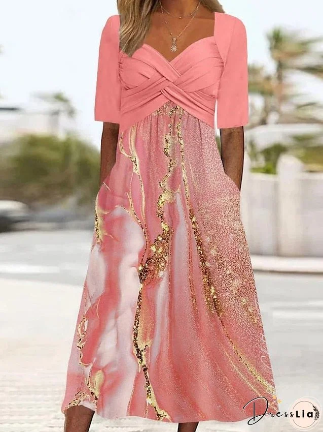 Women's Casual Dress Summer Dress Print Dress Ombre Marble Print Pocket Twist V Neck Midi Dress Active Fashion Outdoor