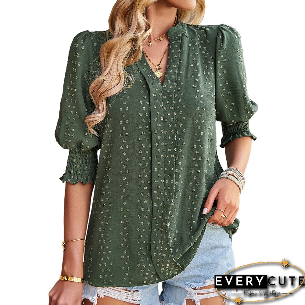 Green V Neck Jacquard Half Sleeve Blouse