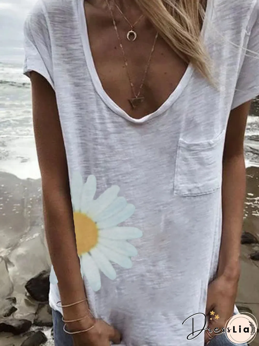 White Short Sleeve Floral Cotton-Blend Tops