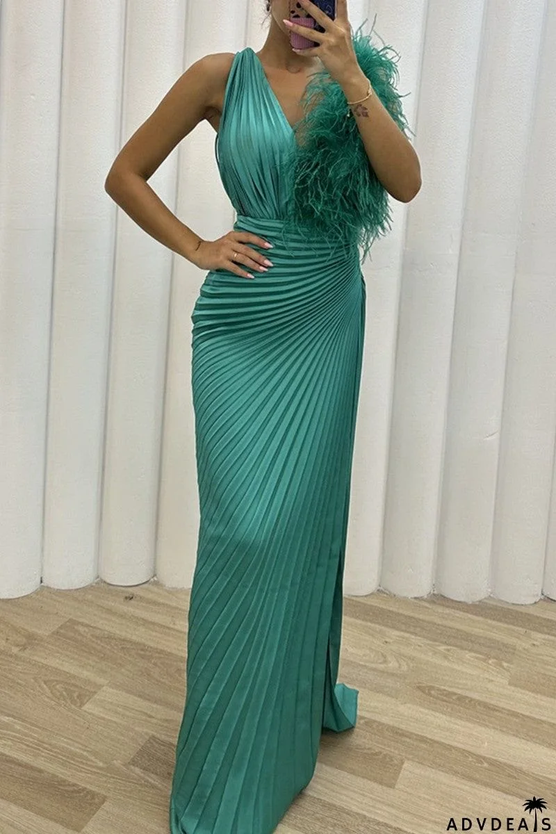Sexy Solid Patchwork Pleated V Neck Long Dress Dresses