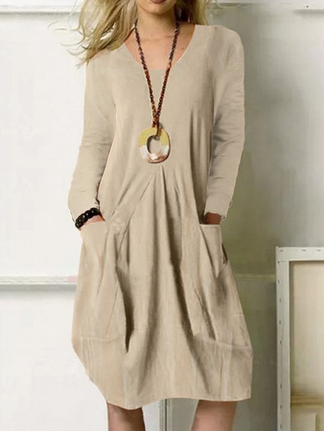 Solid Dual Pocket Long Sleeve Midi Dress