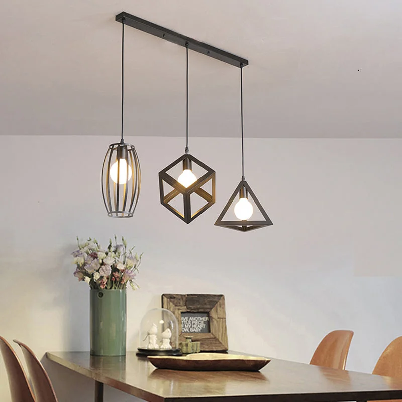 Vintage 3 Head Combination Black Wrought Iron Pendant Lamp E27 Light For Kitchen Living Room Bedroom Aisle Restaurant
