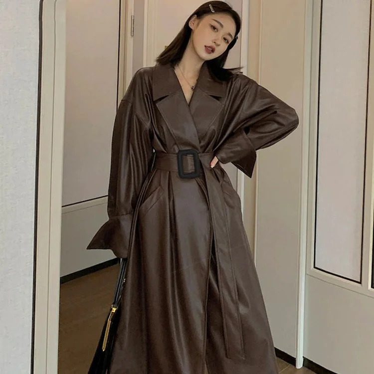 Stylish Loose Solid Color Lapel Belt Pockets Long Sleeve Leather Coat   