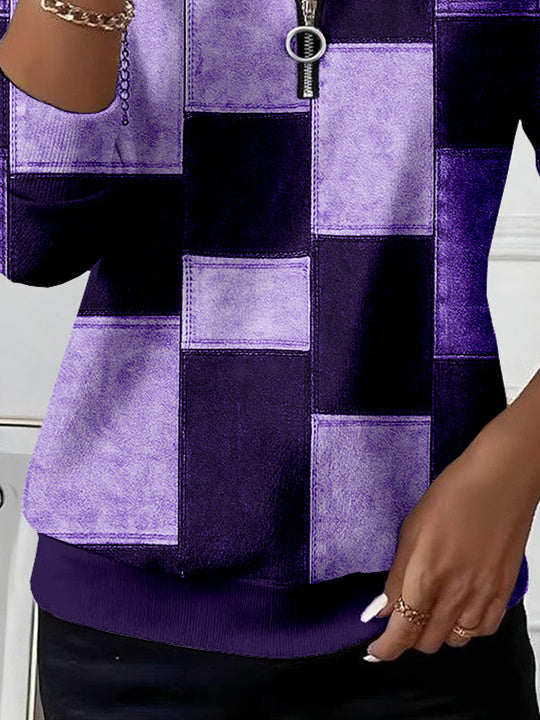 Women Long Sleeve Scoop Neck Plaid Colorblock Printed Graphic Zipper Tops