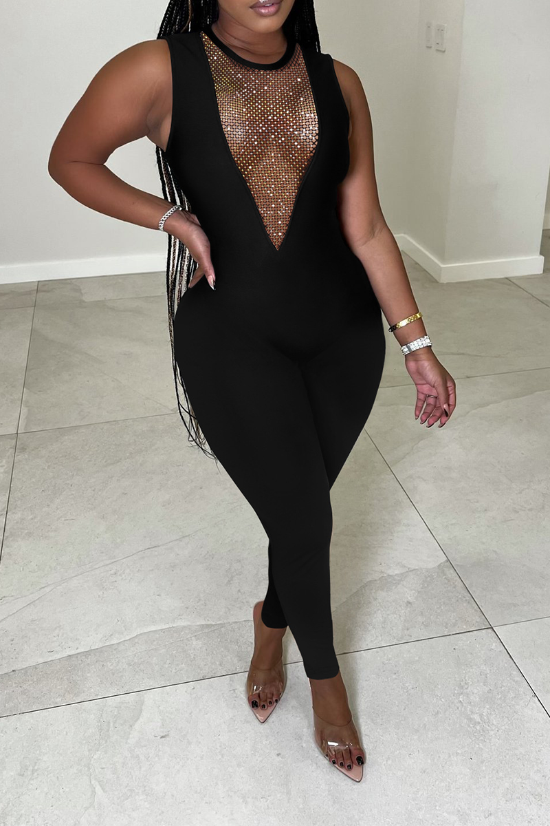 Sexy Solid Mesh Rhinestone O Neck Skinny Jumpsuits