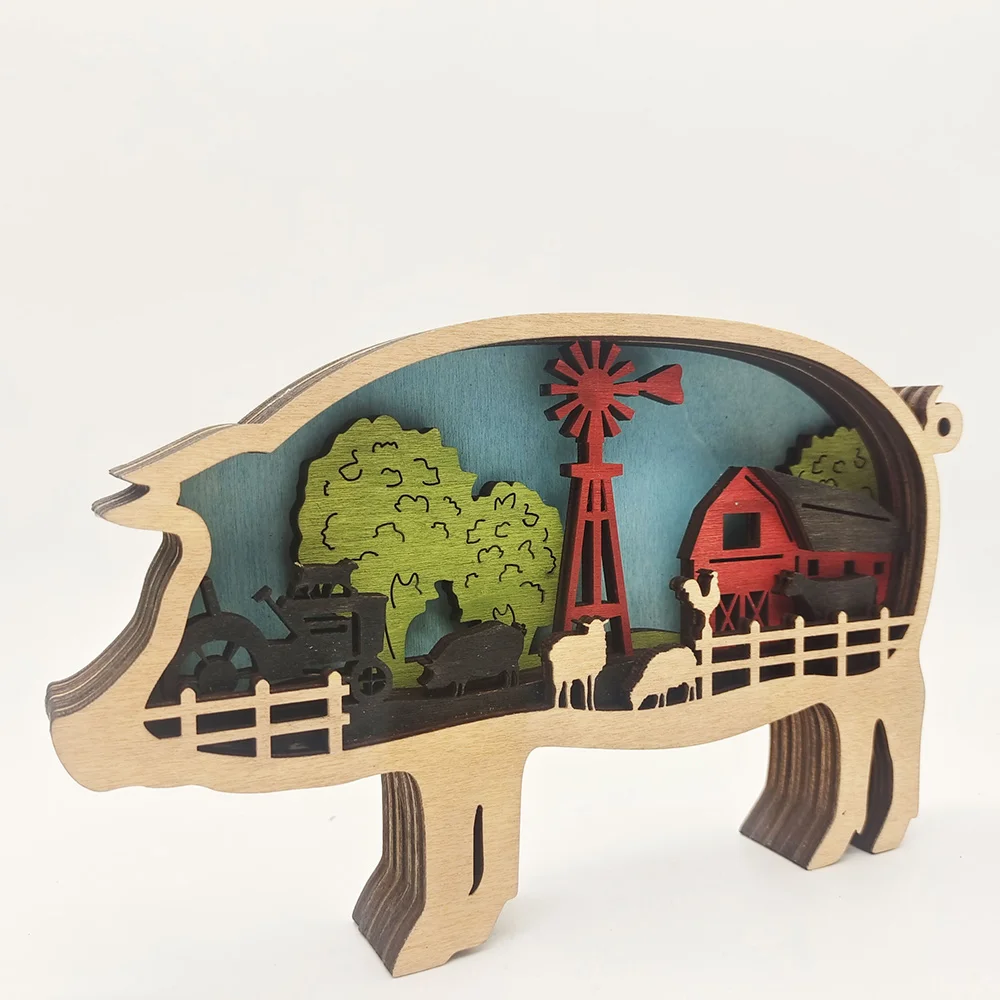 Purexcellent&trade; New creative home desktop wood carving pig handicraft ornament