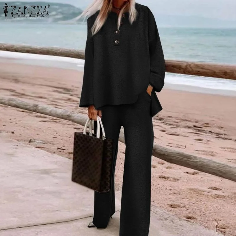 2022 ZANZEA Fashion Women Pant Sets 2pcs Autumn Suits Casual Long Sleeve Solid Blouse Long Wide Leg Trousers Loose Matching Sets