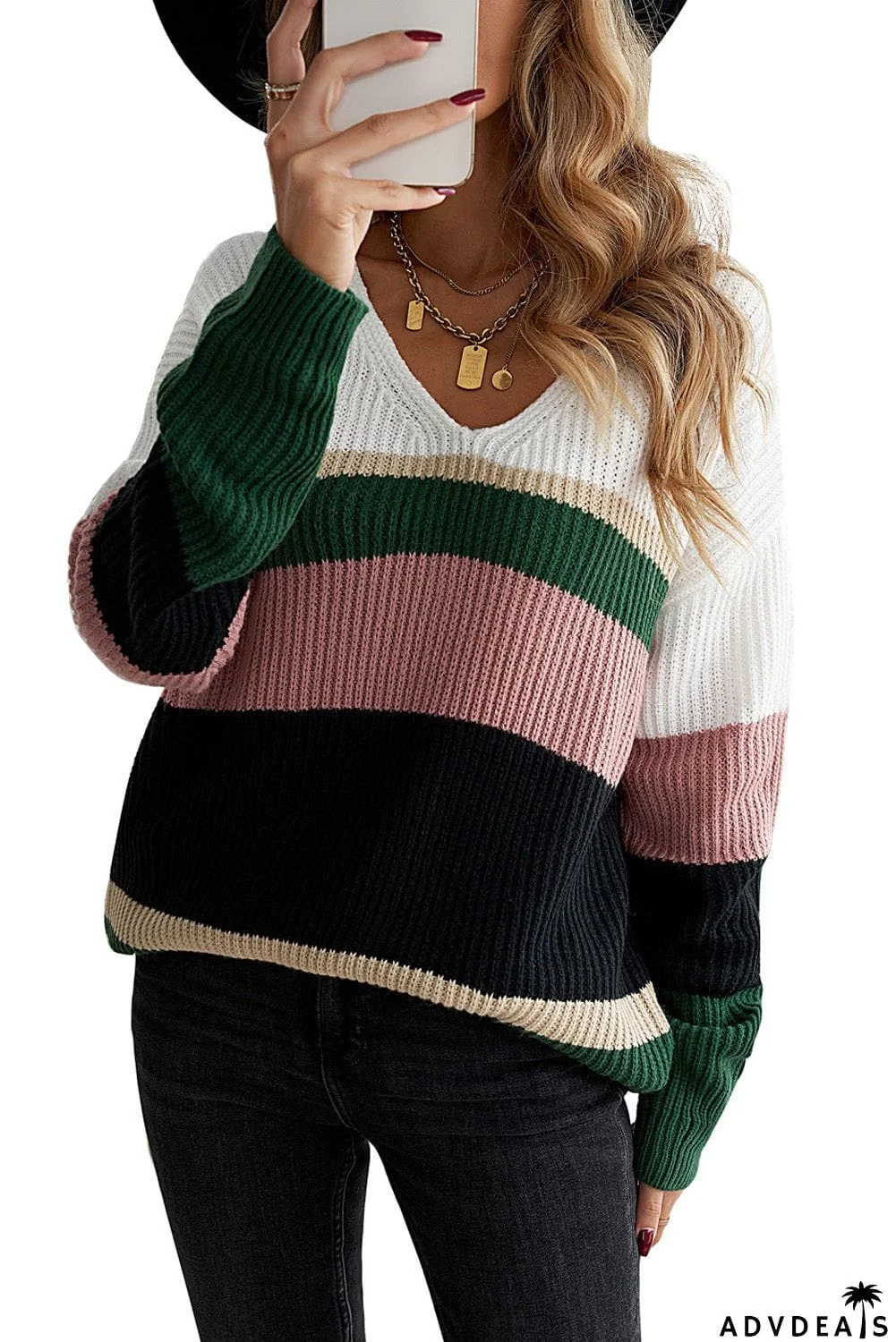 Khaki Colorblock V Neck Ribbed Knitted Sweater
