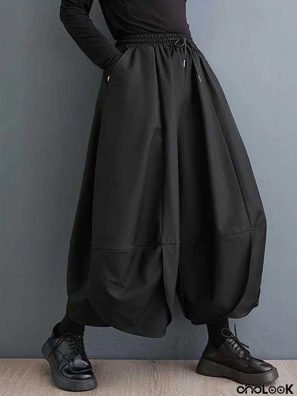 High Waisted Loose Drawstring Pleated Solid Color Pants Trousers