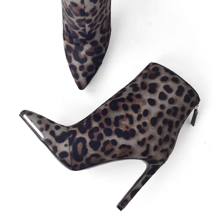 Dark Grey Leopard Print Boots Pointy Toe Stiletto Heels Ankle Booties Vdcoo