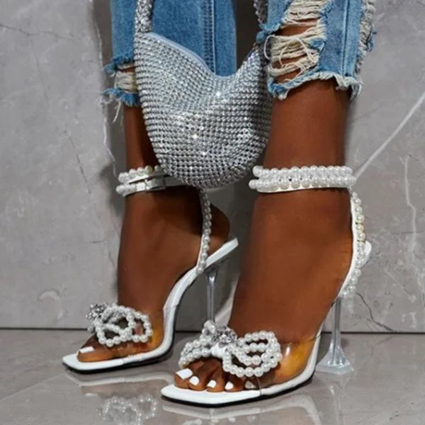 Women Fashion High Heels Diamond Pearls Shiny Crystal Sandals