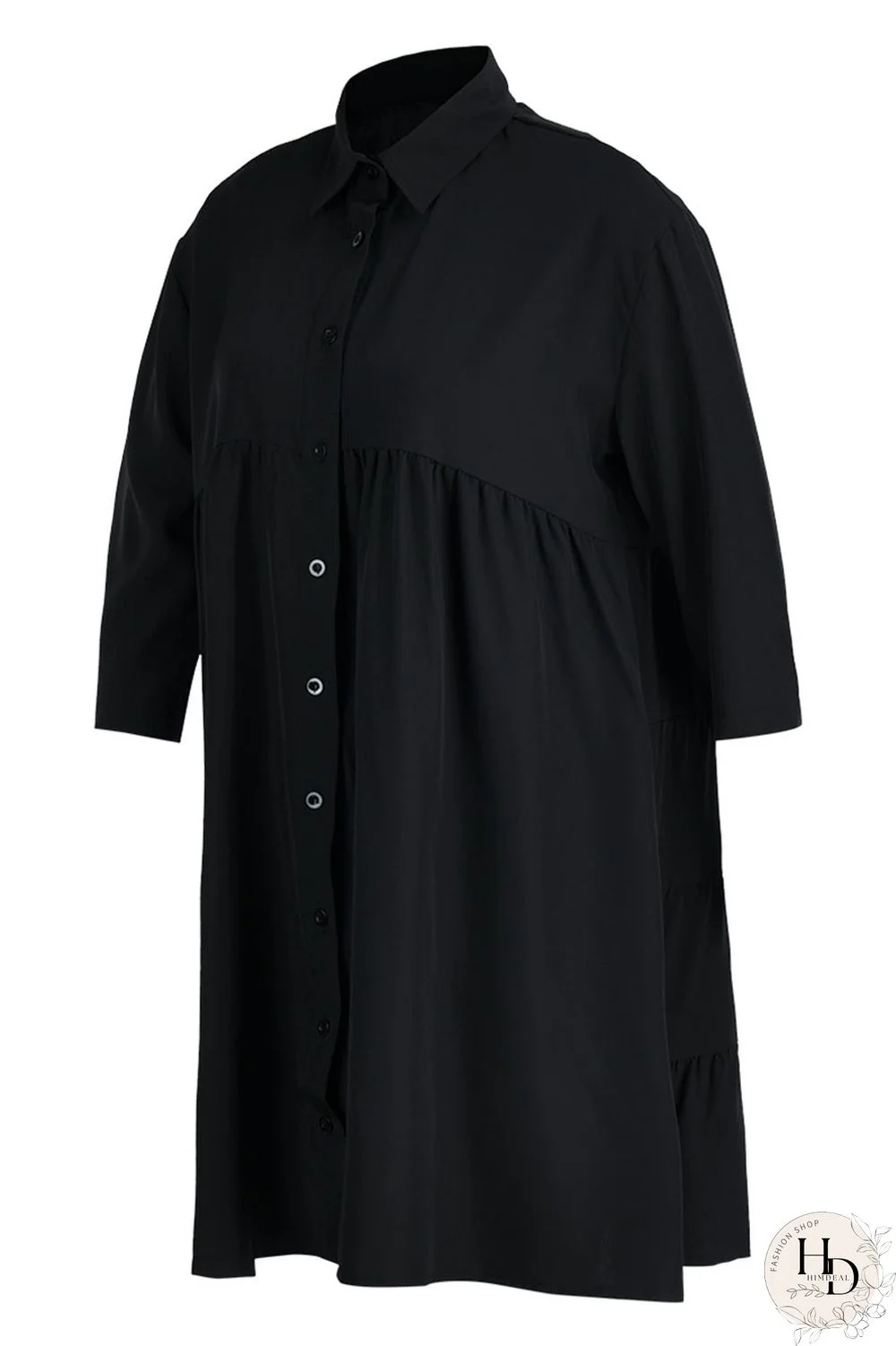 Black Casual Solid Patchwork Buckle Turndown Collar A Line Dresses