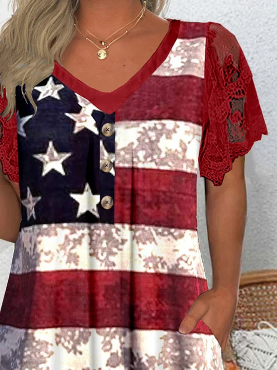 Women's Short Sleeve V-neck Graphic Lace Pockets Tops