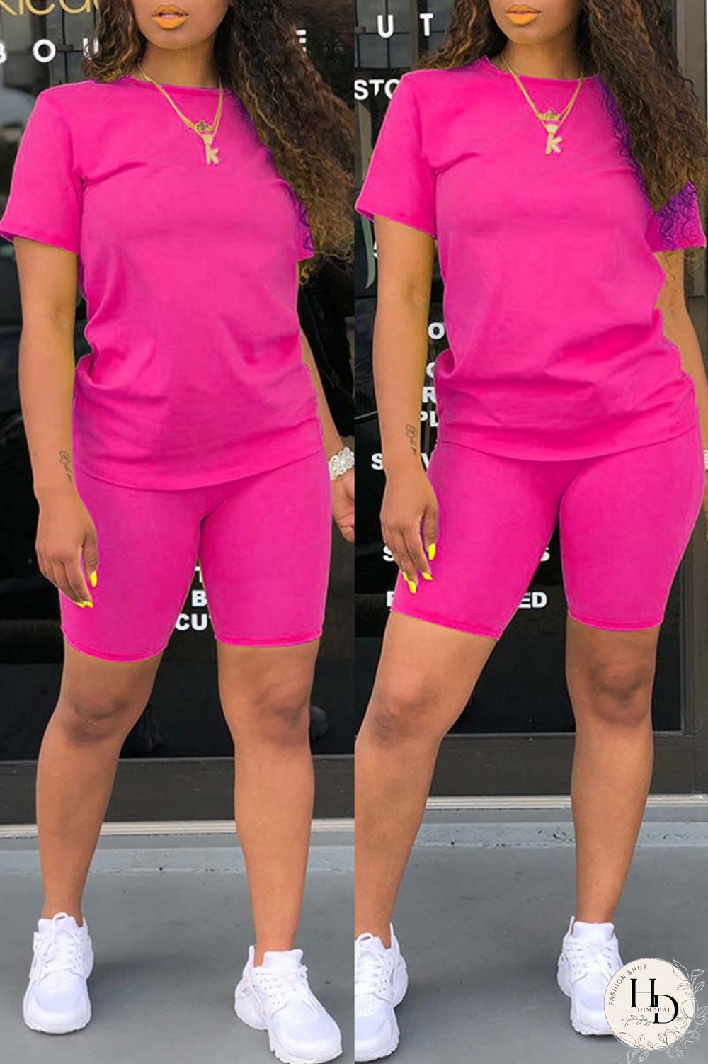 Yellow Casual Solid Basic O Neck Short Sleeve Two Pieces