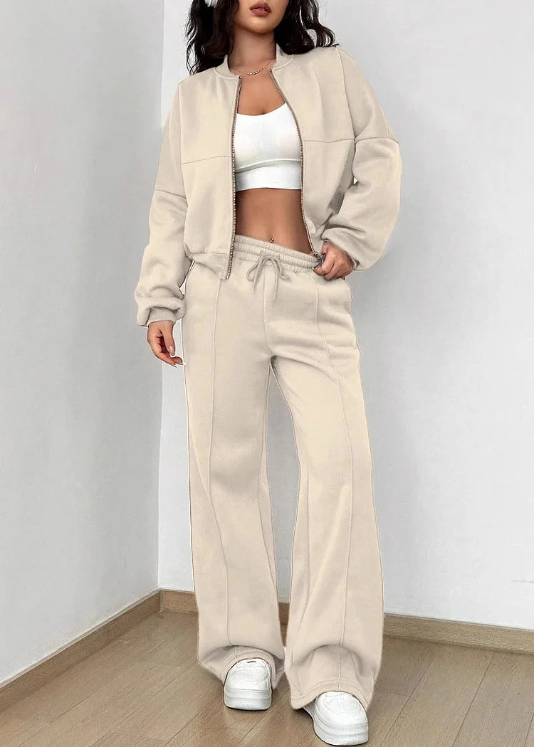Casual Apricot Zip Up Tops And Pants Cotton Two Piece Set Fall