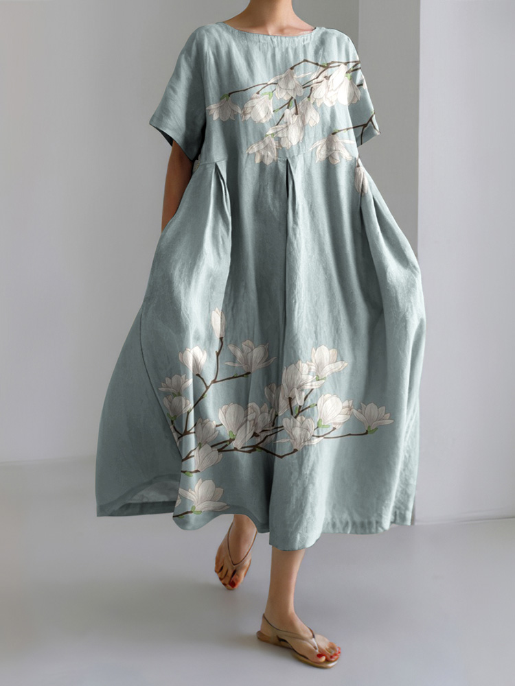 Comstylish Magnolia Flower Japanese Linen Blend Maxi Dress