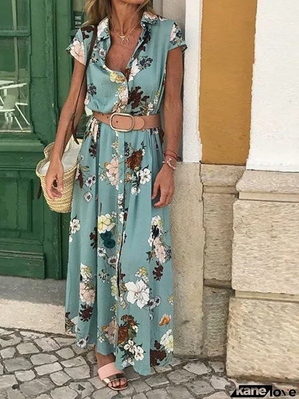 Dresses Vintage Print Button Lapel Short Sleeve Dress for Women