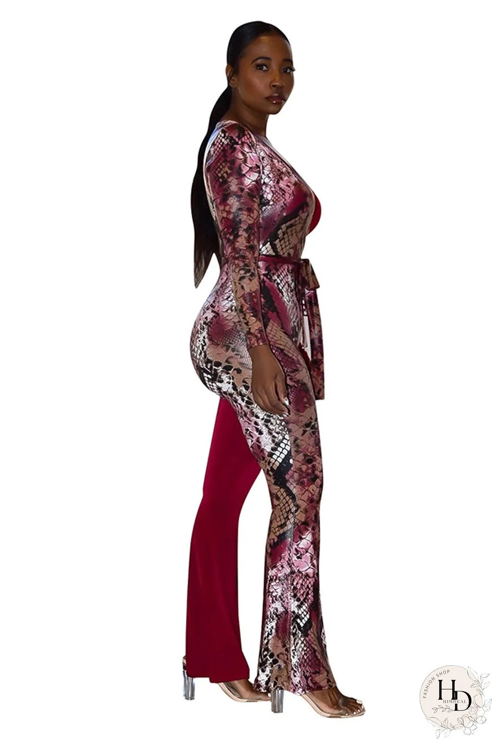 Wine Red Fashion Sexy bandage Patchwork serpentine Print Polyester Long Sleeve V Neck Jumpsuits