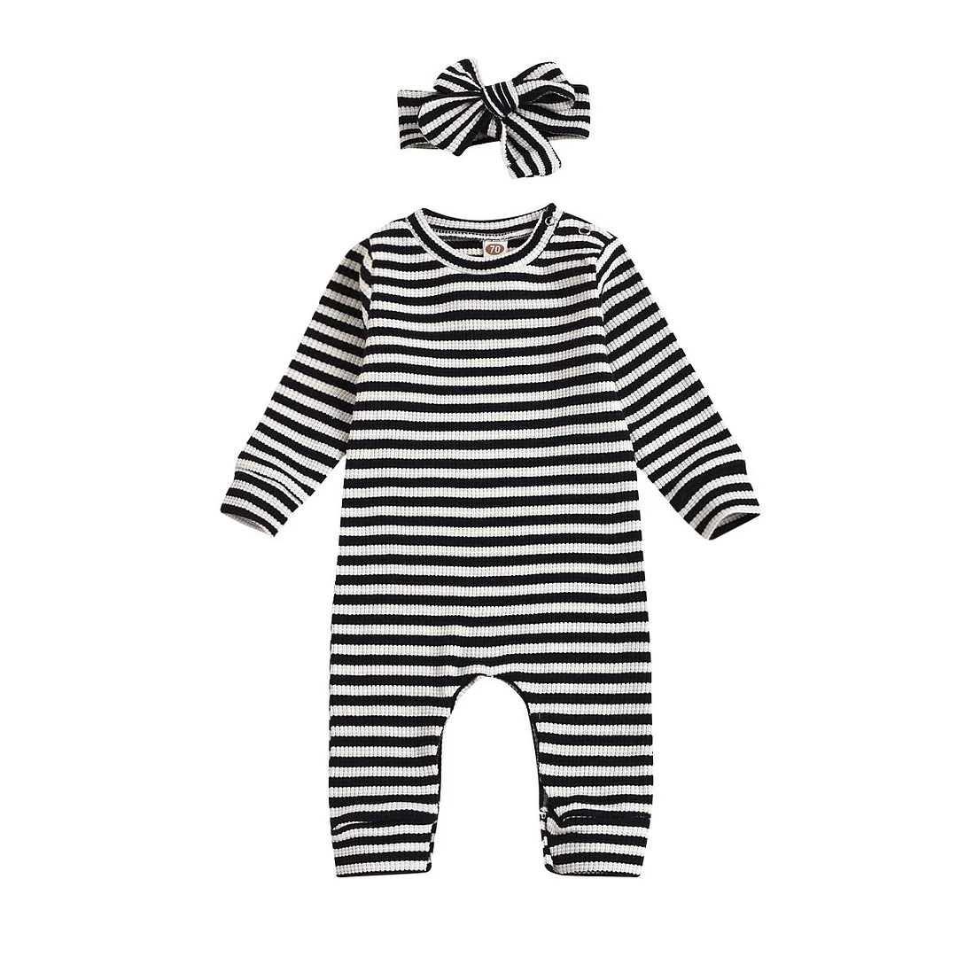 Newborn Baby Girls Long Sleeve Romper, Horizontal Stripe Printing Classic Round Neck Ribbed Closing Sping Clothing