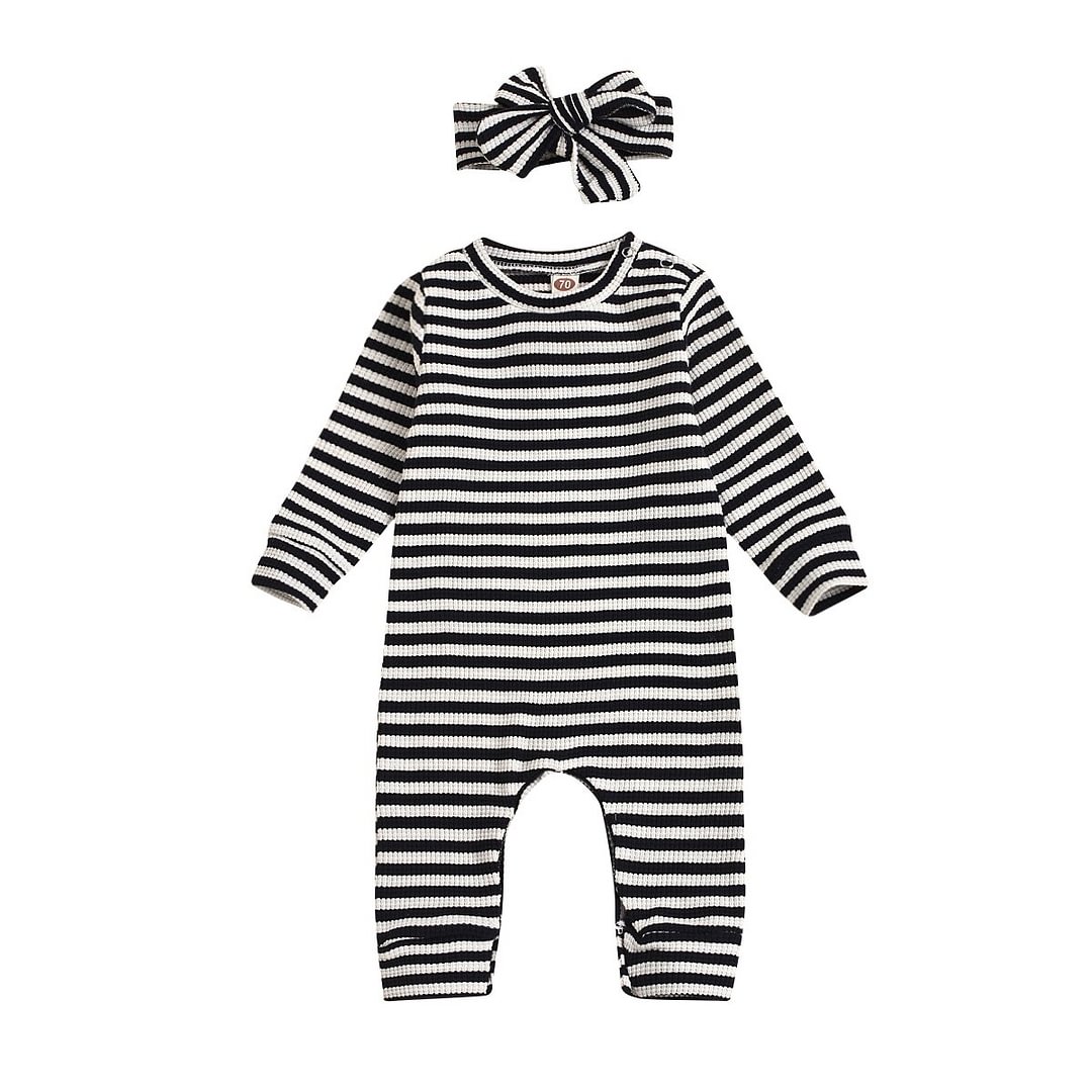 Newborn Baby Girls Long Sleeve Romper, Horizontal Stripe Printing Classic Round Neck Ribbed Closing Sping Clothing