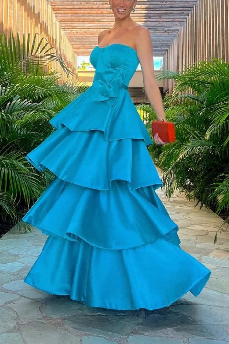 Blue stylish multi-layered satin prom dress 